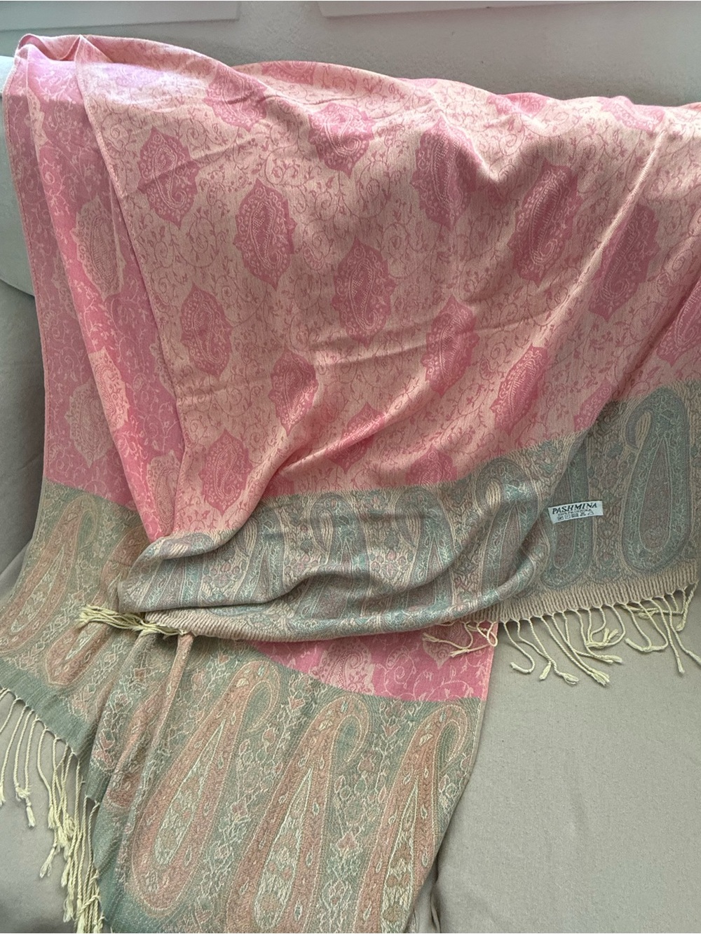 pashmina Pink & Sage Paisley Pashmina Scarf with Fringe